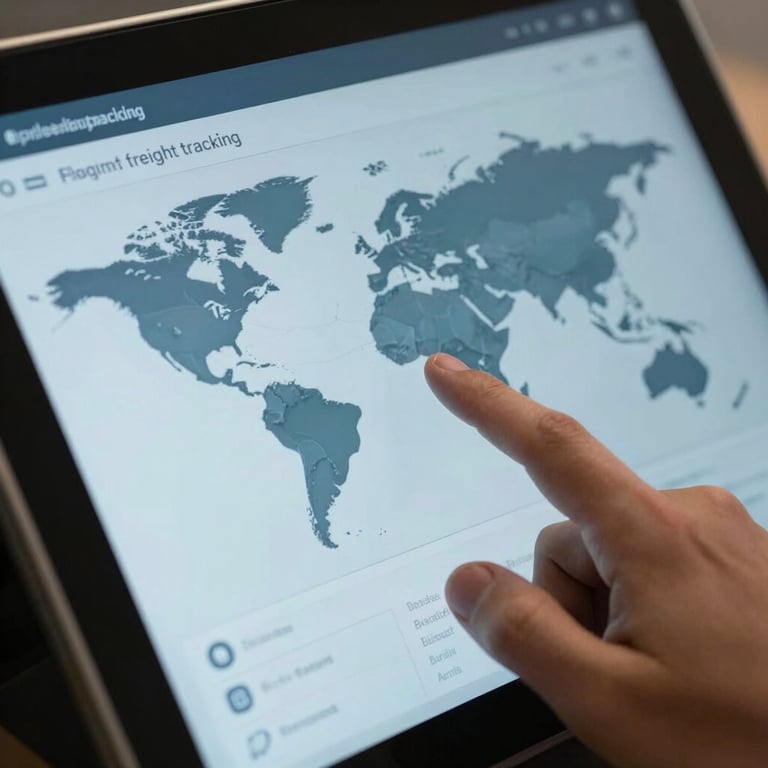 Close-up of a hand interacting with a high-resolution touchscreen display showing a global freight tracking interface in cool medium blue tones.