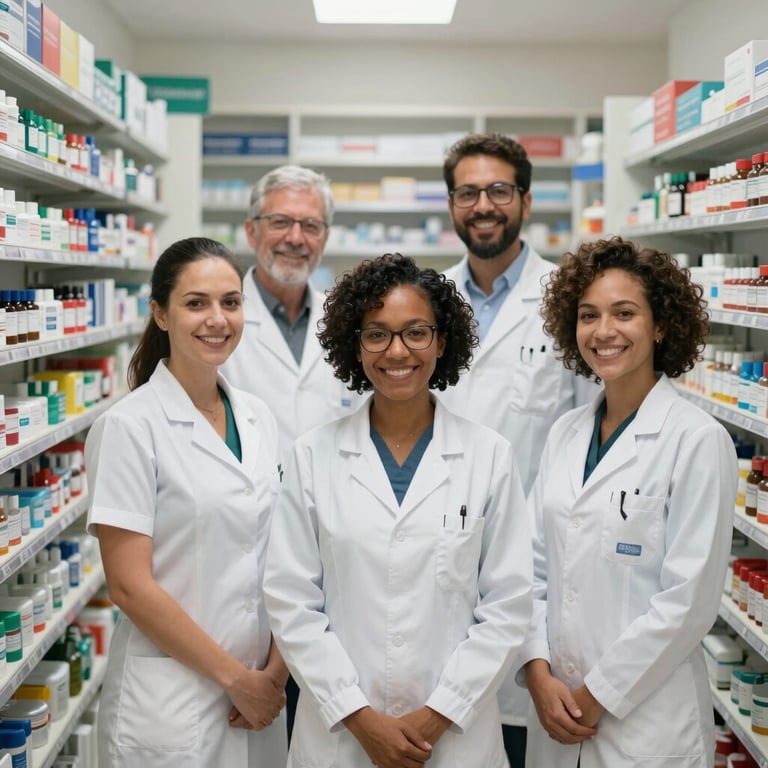 A group of diverse, professional pharmacy staff smiling for a team photo inside a modern South American / Brazilian pharmacy.