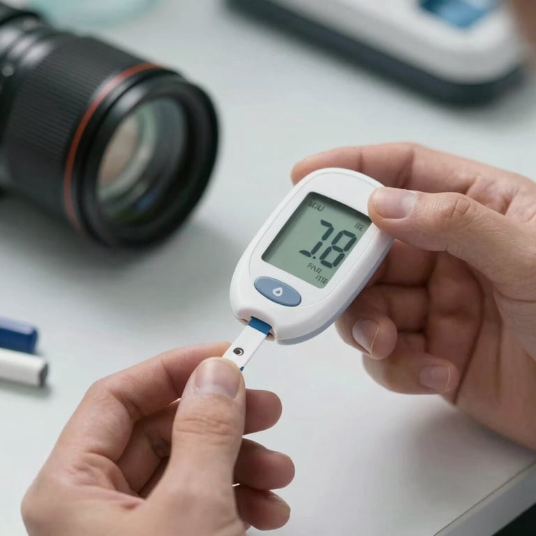 Detail of a blood glucose testing kit being used by a professional in a healthcare setting.