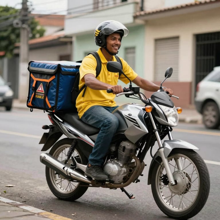 A friendly delivery driver on a clean motorcycle with a delivery box, parked on a street in a South American / Brazilian city.