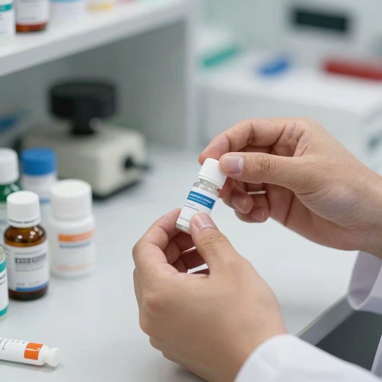 Close-up of a pharmacist's hands carefully organizing professional medical supplies under soft, clean lighting.
