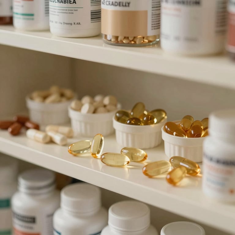 Close-up of a variety of vitamins and supplements neatly arranged on shelves with a soft off-white and gold palette.