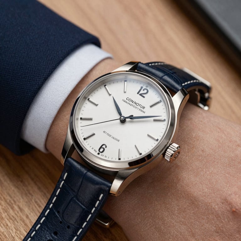 Macro shot of a luxury watch and professional suit sleeve resting on a wooden desk, conveying precision and reliability in financial management.
