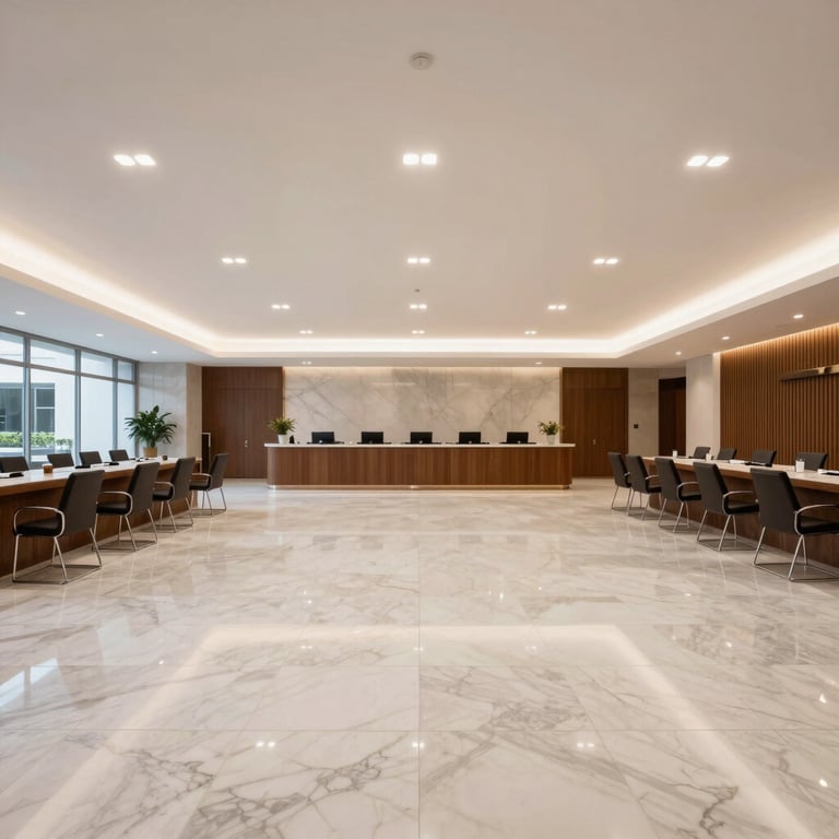 A wide-angle shot of a sophisticated reception area in a corporate building in Brazil, elegant lighting, mist white marble floors, clean and secure.