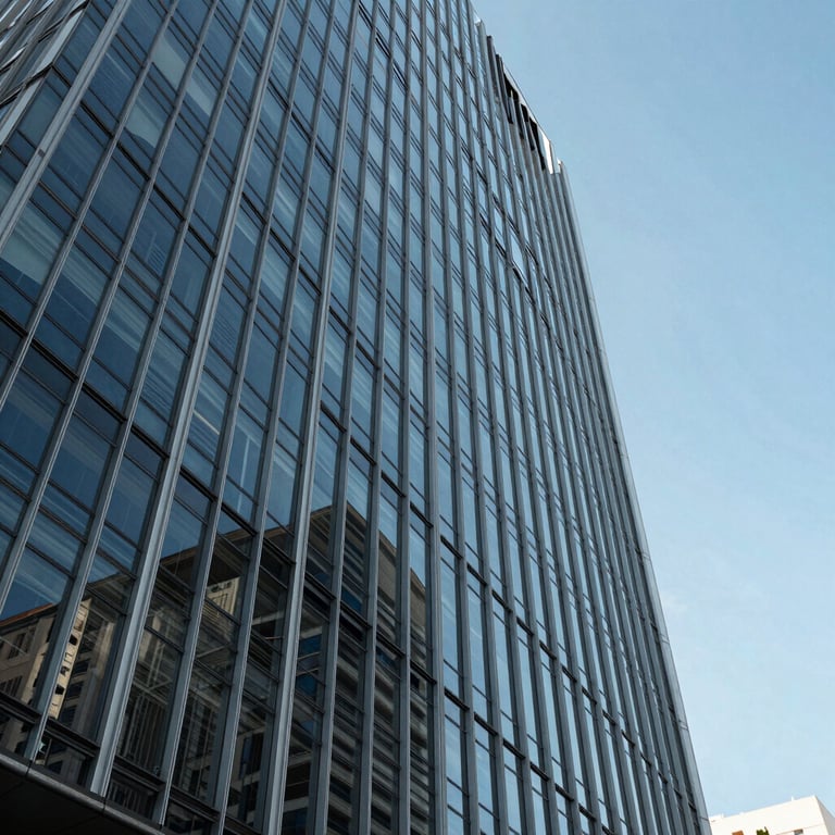 Modern architectural detail of a financial headquarters in Brazil, glass and steel structure reflecting a clear sky blue during the day.