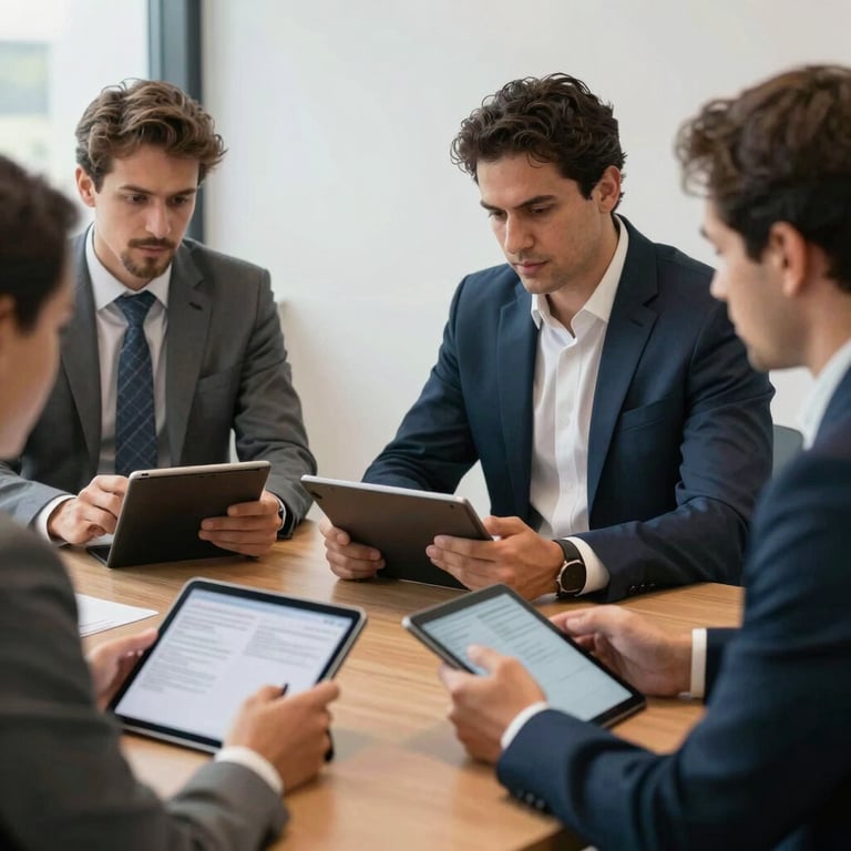 A professional business meeting between consultants and a client, using digital tablets in a focused and trustworthy atmosphere, Brazilian corporate setting.