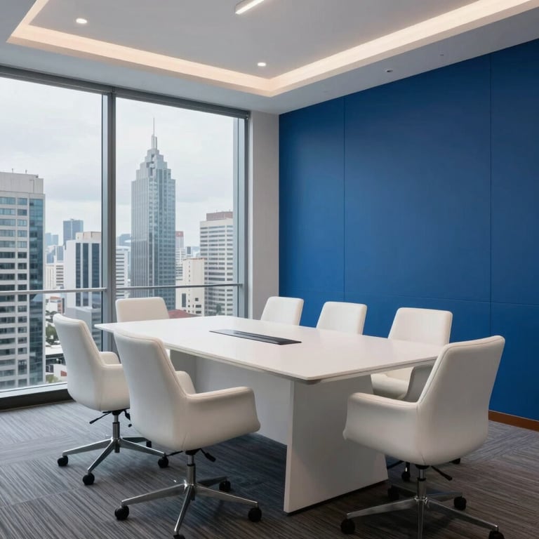 A modern office boardroom in a South American skyscraper, with mist white furniture and deep blue wall accents, overlooking a metropolitan skyline.