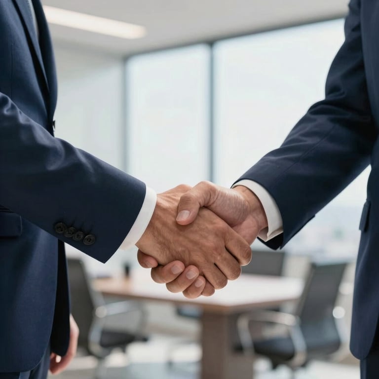 Close-up of a firm, professional handshake between two business executives in a sunlit Brazilian office, navy blue suits, high-end professional lighting.