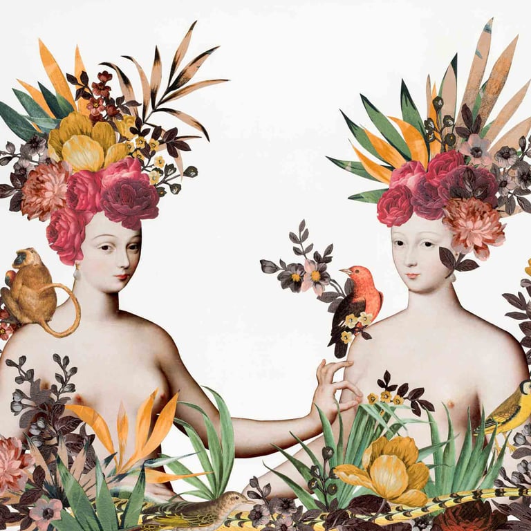 Sisters, collage on wood, 18"x24"