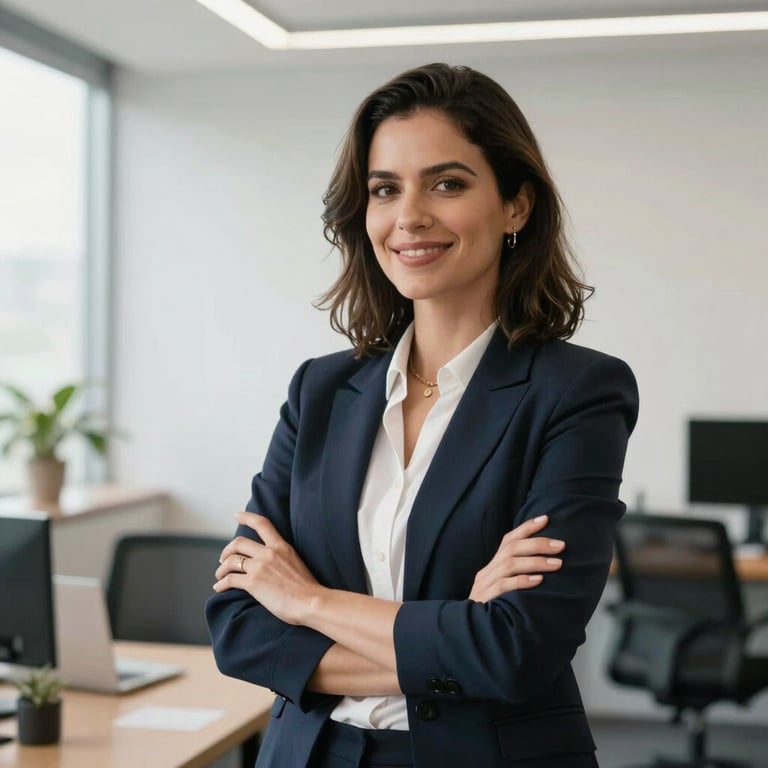 A confident professional woman in a modern Brazilian office, smiling and looking forward. Soft morning lighting, near white walls.