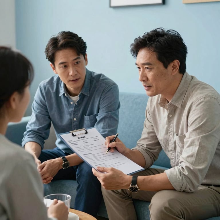 Two mentors discussing a resume with a client in a warm, welcoming light blue lounge area.