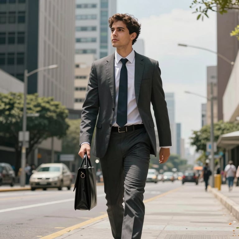 A young professional walking confidently through a sunny business district in a South American city.
