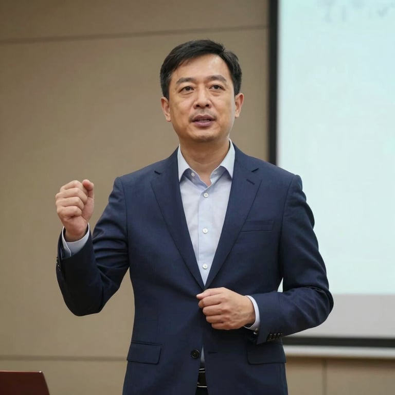 A businessman giving a successful presentation, looking empowered and professional, dark blue suit.