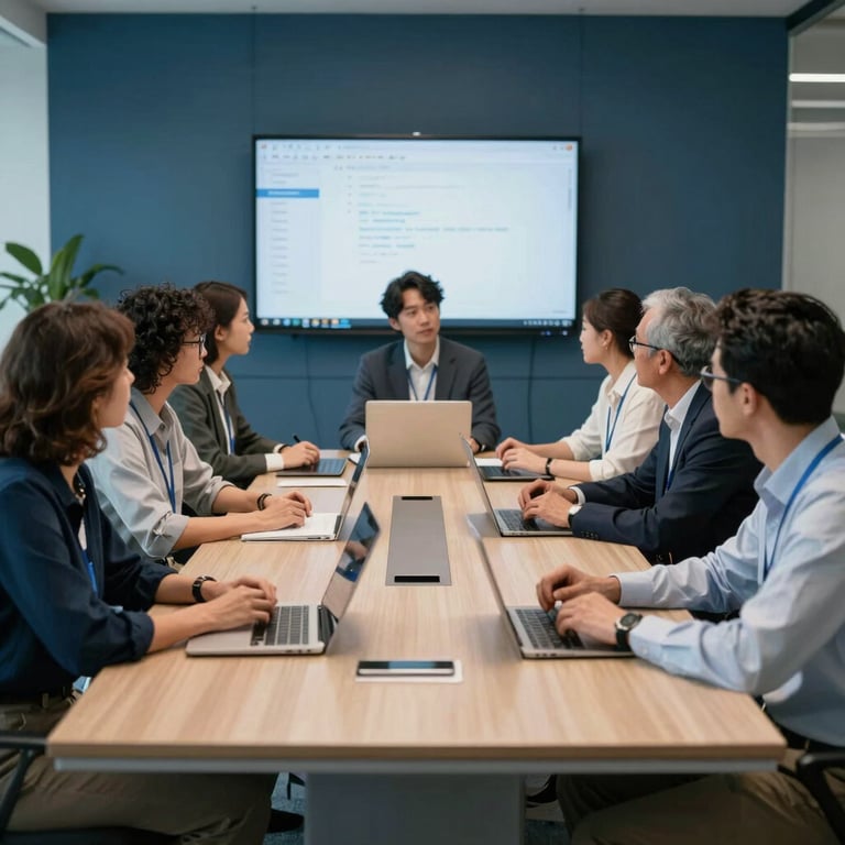A collaborative team of diverse professionals in a high-tech meeting room, medium blue design elements.