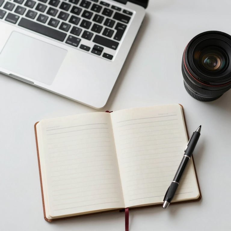 An overhead shot of a clean, organized workspace with a laptop and notebook, representing professional clarity.