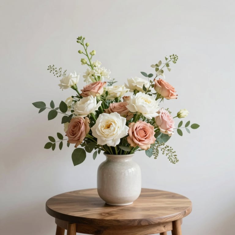 Beautifully arranged fresh flowers in a minimalist vase on a wooden side table.