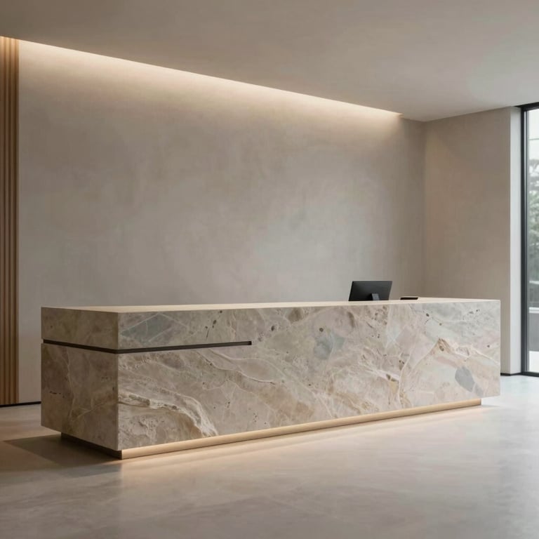 Modern reception area with a minimalist stone desk in #DDCDBB tones and soft ambient lighting.