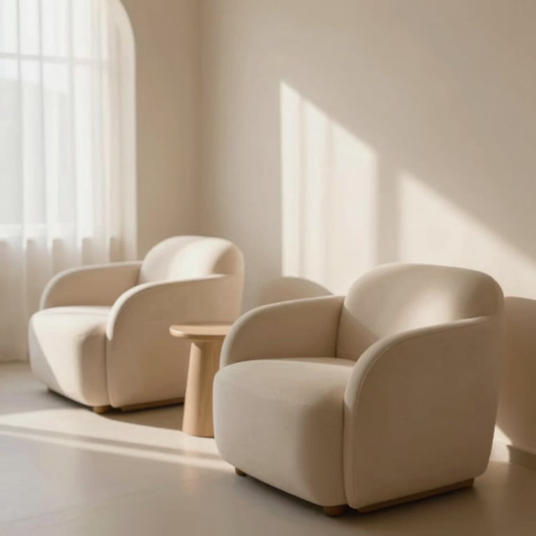 Detail of a serene relaxation area with soft beige chairs and a wall of natural light.