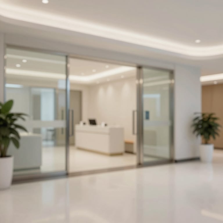 The clinic's entrance hall featuring clean lines, large mirrors, and a sophisticated aesthetic.