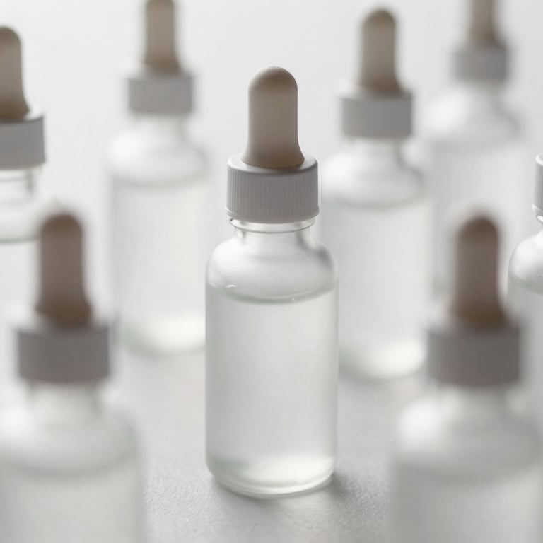 Macro shot of high-quality medical skincare products in elegant frosted glass bottles.