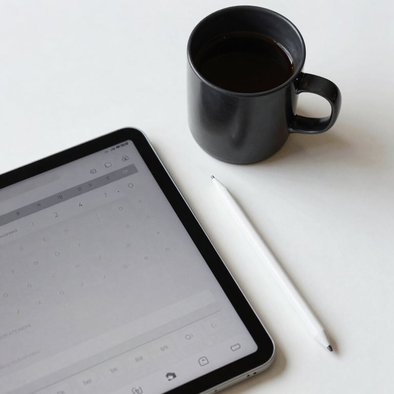 A top-down view of a modern desk with a tablet, a rich black coffee mug, and a stylus, set against a pure white background in a North American / US agency.