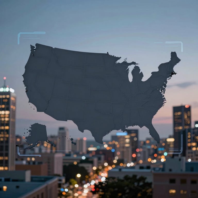 A conceptual photo of a digital interface overlaying a blurred North American / US city view at dusk, using deep slate grey and vibrant blue tones.