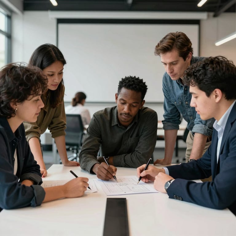 A group of diverse professionals in a North American / US co-working space, gathered around a white table with rich black accents, discussing a strategy document.