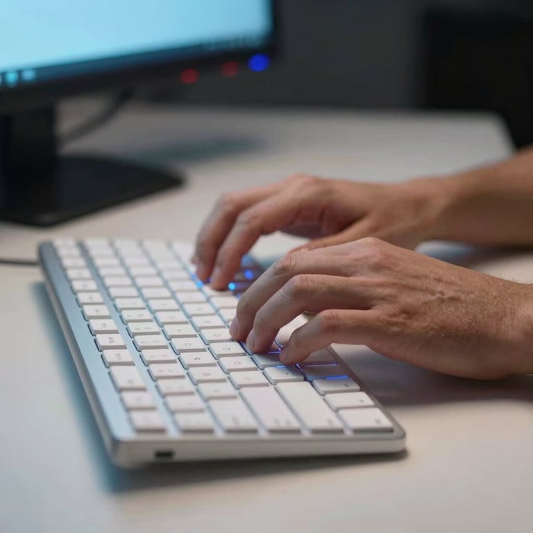 Hands of a professional typing on a clean, pure white keyboard with a subtle vibrant blue glow from the monitor, in a North American / US studio.