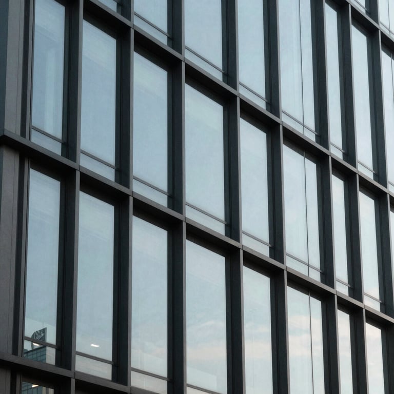 The minimalist, modern facade of a North American / US office building featuring glass panels and deep slate grey steel beams, reflecting a clear sky.