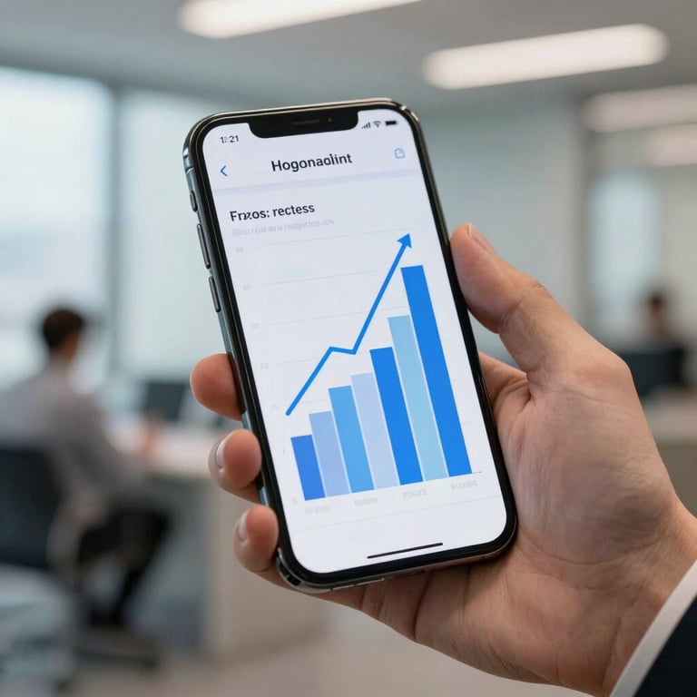 A sharp, macro photograph of a smartphone displaying a marketing growth chart with vibrant blue lines, held by a professional in a North American / US corporate setting.