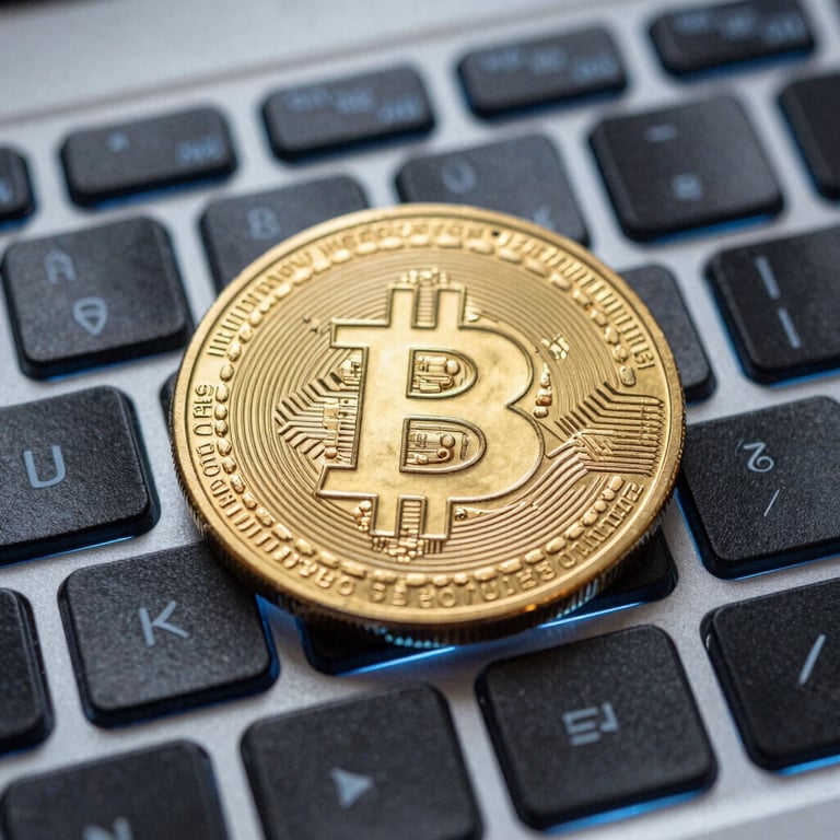 Macro photography of a physical golden bitcoin coin resting on a backlit computer keyboard with light blue glow.