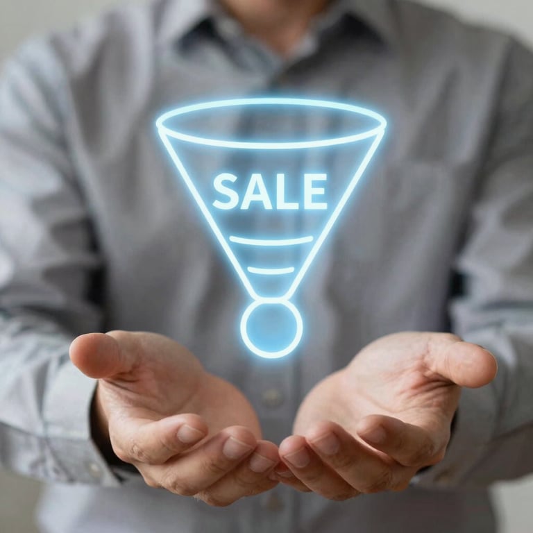 Hands of a professional gesturing towards a glowing 3D digital sales funnel visualization, professional photography.