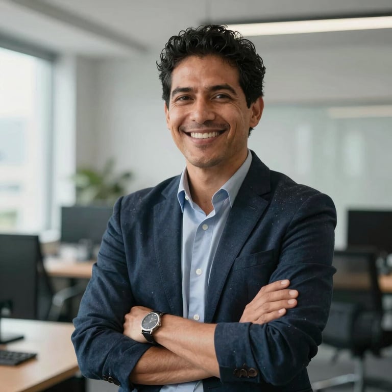 Portrait of a confident Latin American entrepreneur smiling in a modern office, representing success in digital sales.