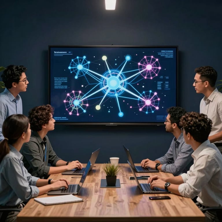 A group of diverse Hispanic tech experts collaborating around a large screen displaying AI neural networks in a dark navy sleek office.