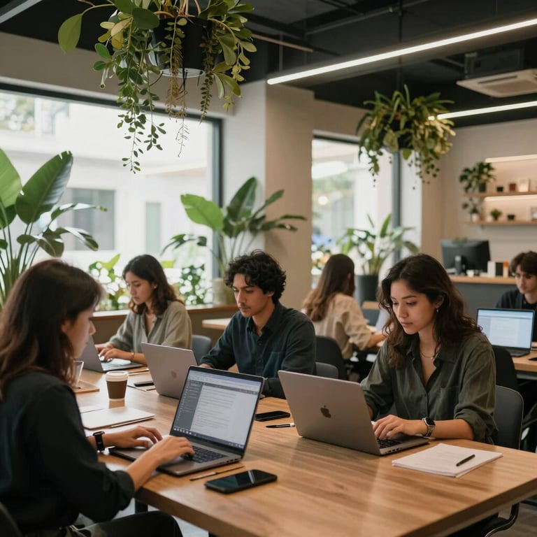 A bright and modern coworking space in Latin America with greenery and people working on laptops, sophisticated atmosphere.