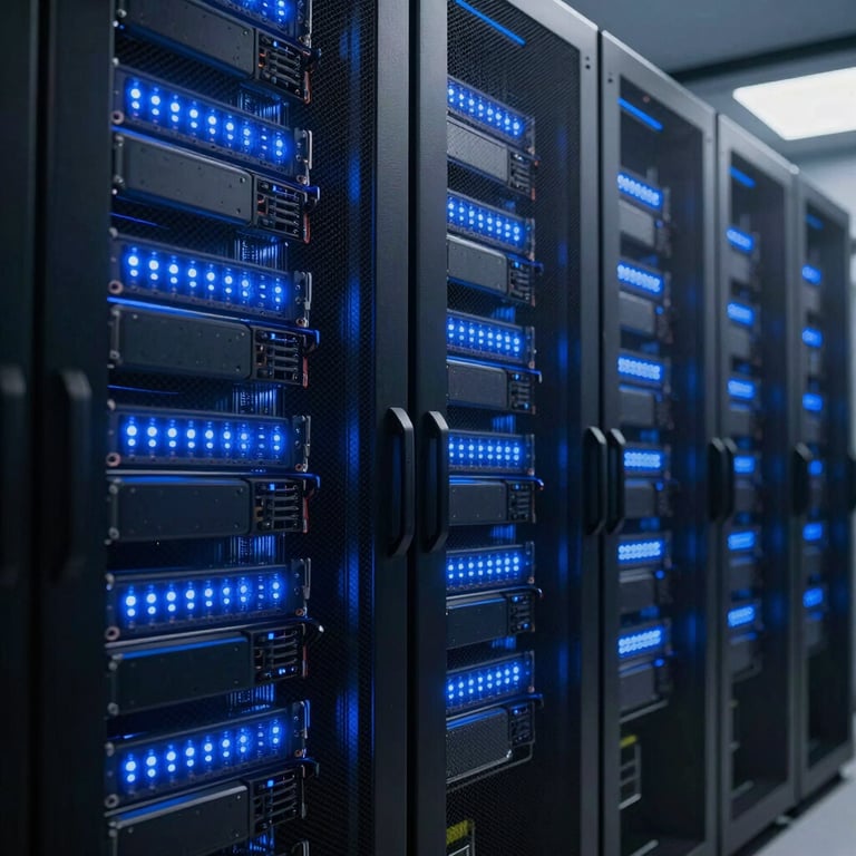 A high-speed server room with glowing blue LED lights, symbolizing the infrastructure of digital technology and AI.
