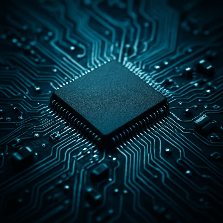 A macro shot of a microchip with intricate circuits illuminated by subtle ice blue lighting.