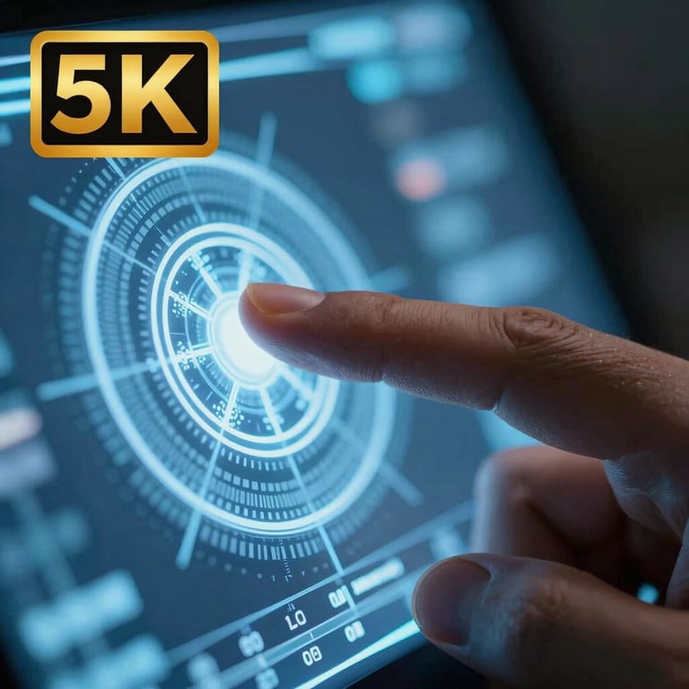 Extreme close-up of a human finger touching a glowing digital interface with ice blue light.