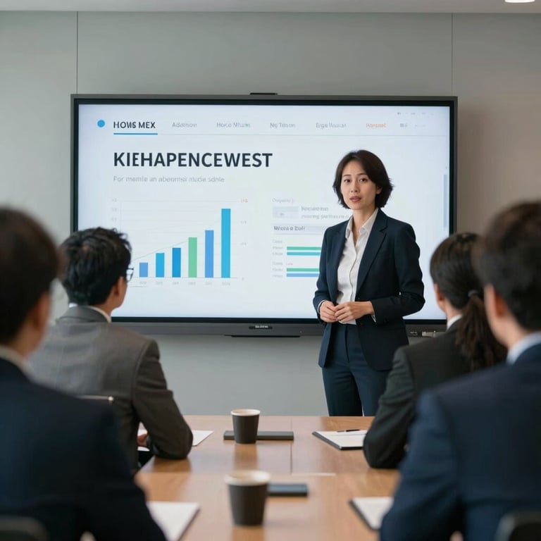 A professional consultant presenting data on a large screen to a group of executives in a modern office.