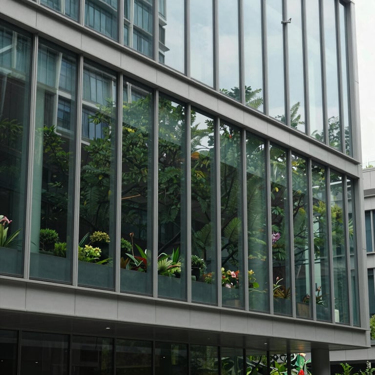 An architecturally modern office building exterior with glass panels reflecting a sage green garden.