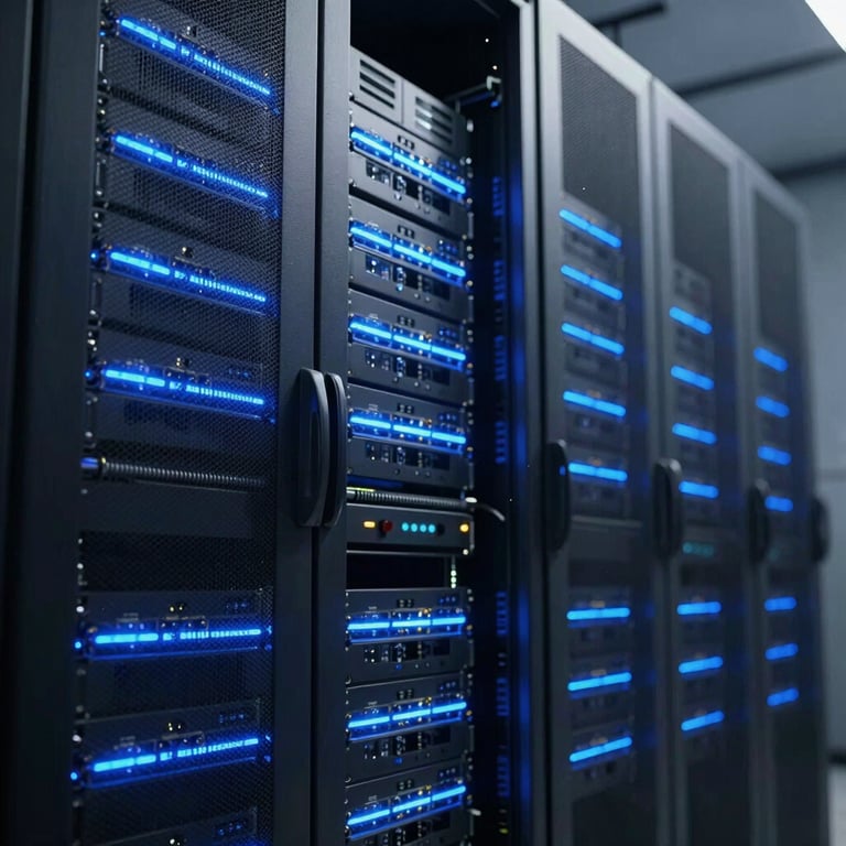 A high-tech server room with glowing blue light strips and dark navy racks, representing data infrastructure.