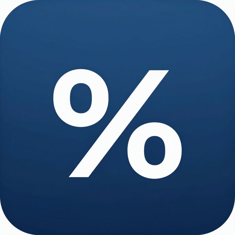 Flat minimalist vector icon of a simple percentage symbol on a solid deep blue rounded square background, high contrast, clean lines, no text