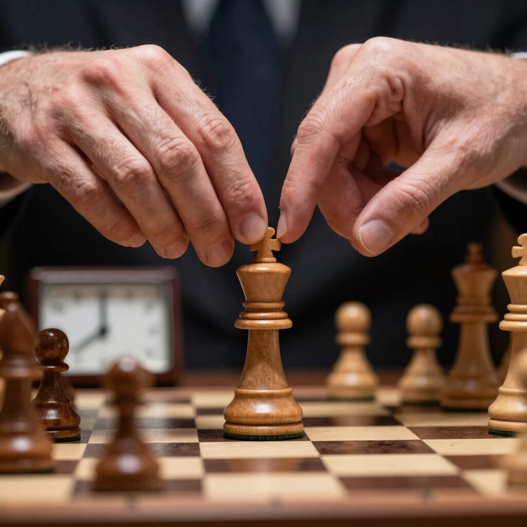 Close-up of hands poised over a polished wooden chess piece, an analog chess clock in the soft-focus background, dramatic spotlighting simulating a high-stakes match.
