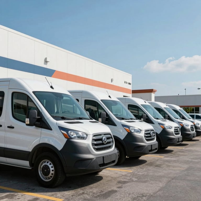 Row of professional service vans parked neatly at a US business facility under bright blue skies.