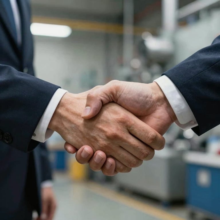 Close-up of a handshake between two professionals in an industrial setting, symbolizing a business partnership.