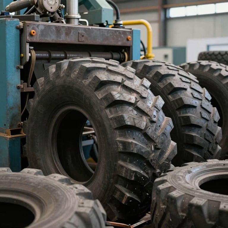 Industrial tire recycling equipment processing old tires into reusable materials, showing eco-friendly operations.