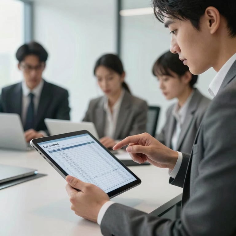 A professional team member in business attire reviewing a digital inventory list on a tablet in a modern office.