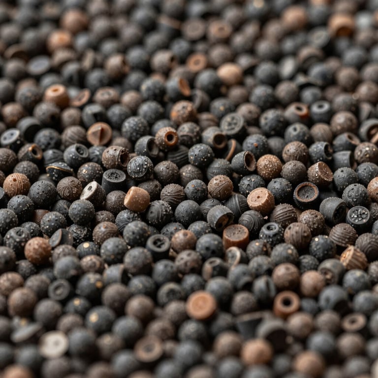 Detailed macro shot of recycled rubber granules, illustrating the end-result of a sustainable recycling process.