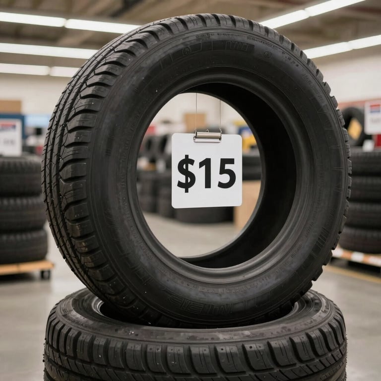 A stack of tires with a professional $15 price tag clearly visible, set in a clean North American retail environment.