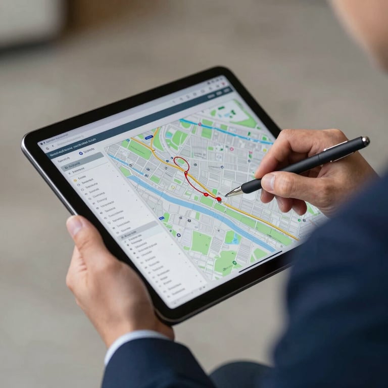 A close-up of a digital tablet showing logistics data maps, held by a person in a corporate navy blue suit.